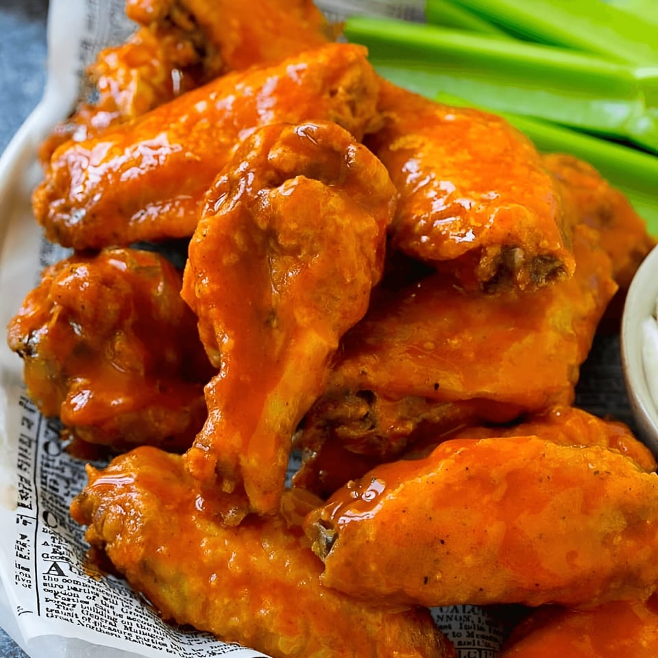 Close-up of Space City Pizza's buffalo wings, glistening with sauce, served with celery sticks.