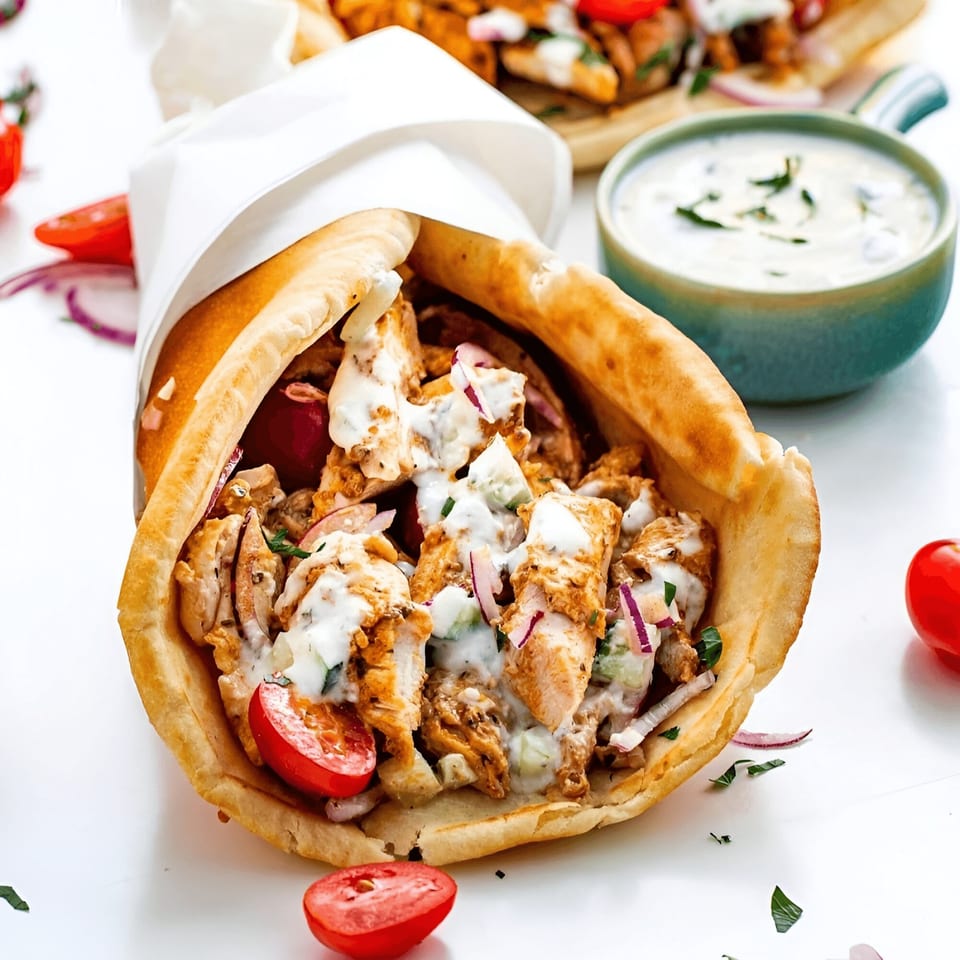Chicken gyro with tzatziki sauce, red onions, and tomatoes, next to a bowl of sauce.