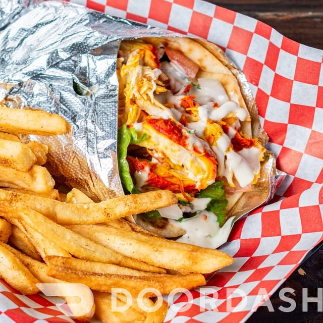 Chicken Pita Wrap with Fries.